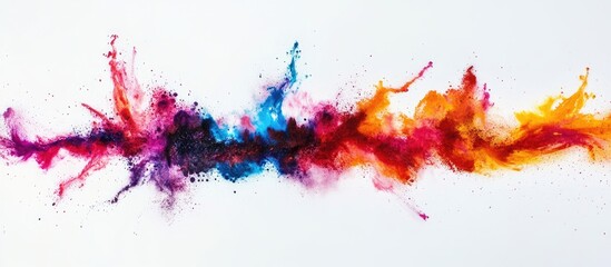 Fototapeta premium Colorful powder explosion on white background displaying vibrant red, blue, orange, and purple hues in a dynamic abstract pattern with splashes and textures