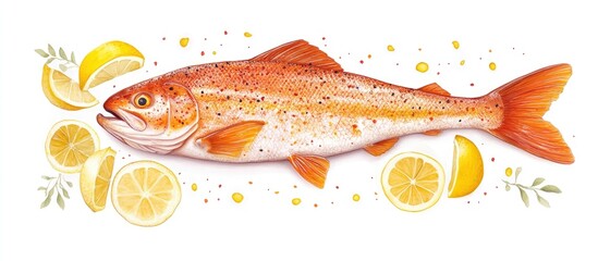 Fresh salmon illustration with bright orange and white hues alongside yellow lemon slices, displayed isolated with a clean white background.