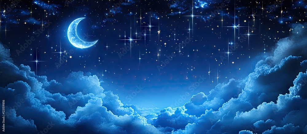 Poster enchanting night sky with deep blue tones featuring wispy clouds and twinkling stars, highlighted by