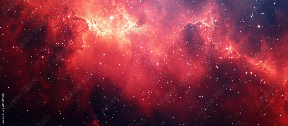 Poster vibrant cosmic red background with swirling stardust, luminous light rays, and glowing celestial ele