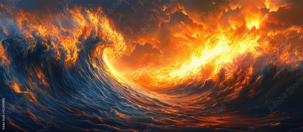 Poster vibrant waves of fiery orange and yellow flames crest over deep blue ocean waters creating a stunnin