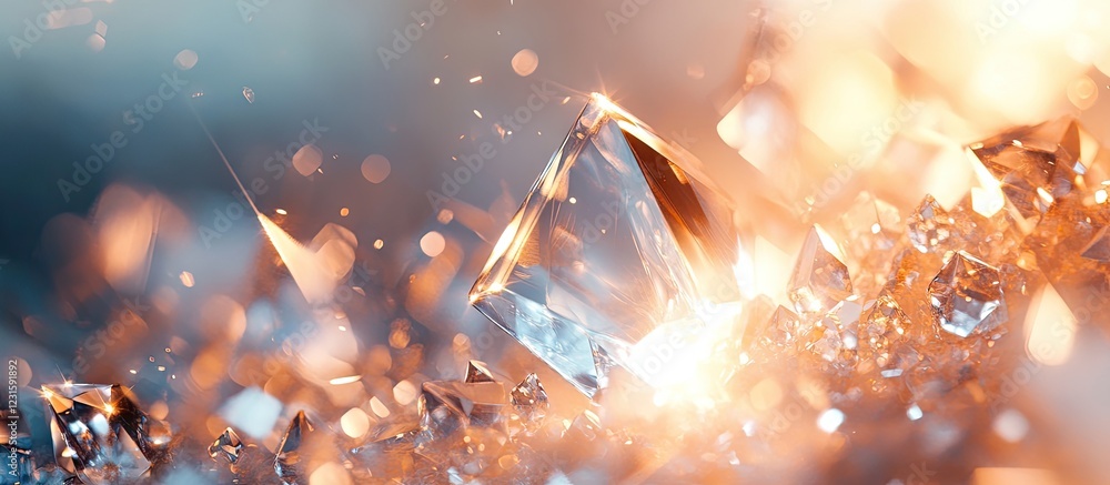 Poster glittering translucent crystals in warm amber and cool blue tones, scattered elegantly across a soft