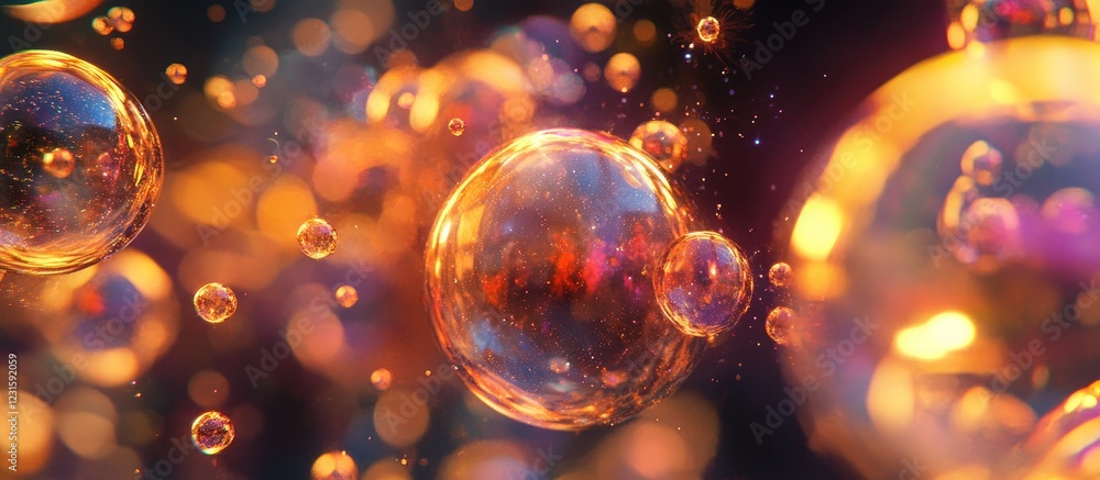 Fototapete Vibrant neon particles and sparkling golden bubbles in a defocused abstract background, creating a mesmerizing visual experience with dynamic rotation.
