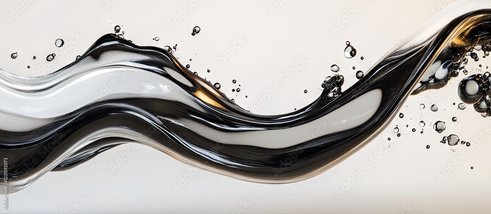 Poster Elegant black and white fluid wave with glossy texture and air bubbles on a smooth surface showcasing captivating dynamics and flow patterns