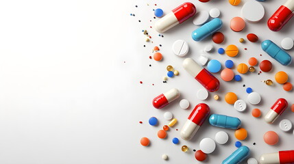 Medicine pharmacy background, high quality, featuring modern healthcare elements, medical supplies, prescription drugs, professional pharmaceutical equipment, and a clean, bright, and sterile environm