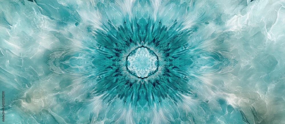 Poster abstract aqua and teal mandala design with soft swirling patterns in the center, radiating outwards 