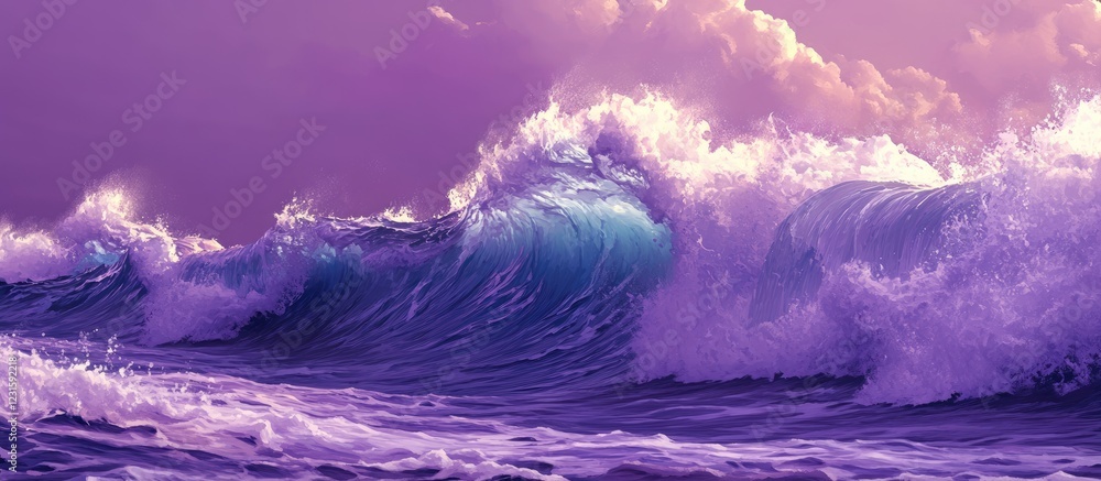 Poster Vivid purple waves in dynamic motion with white foam cresting against a soft lavender background creating a serene and fluid ocean scene
