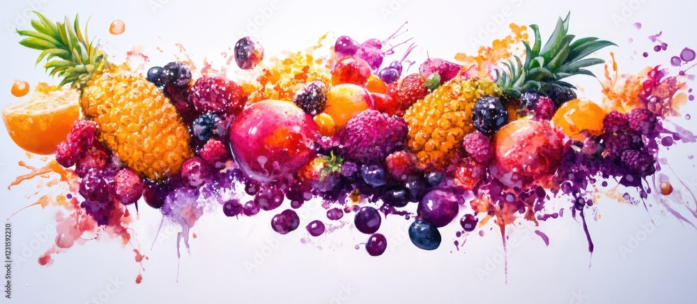Poster vibrant assortment of healthy fruits including pineapples oranges and berries splashing against a wh