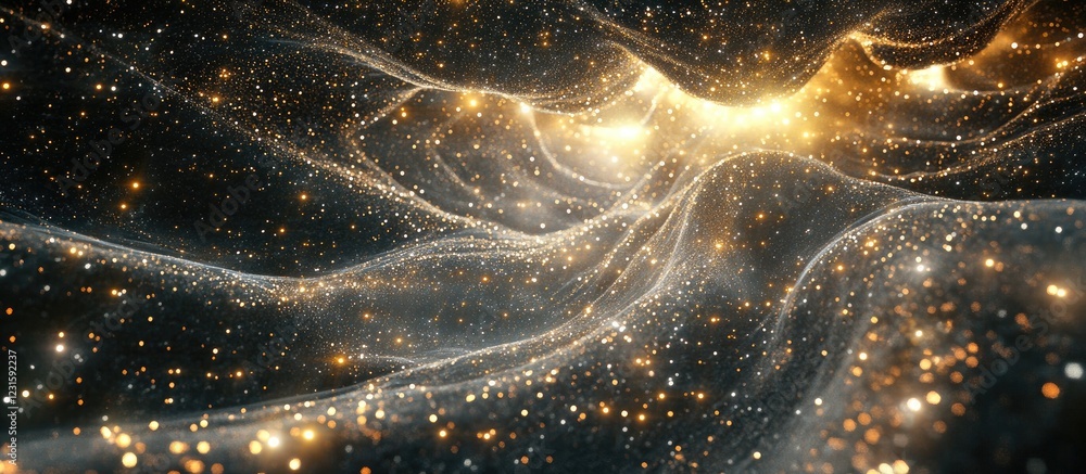 Poster Celestial abstract background showcasing radiant golden rays and sparkling stars against a deep dark cosmic landscape, creating an ethereal vibe.