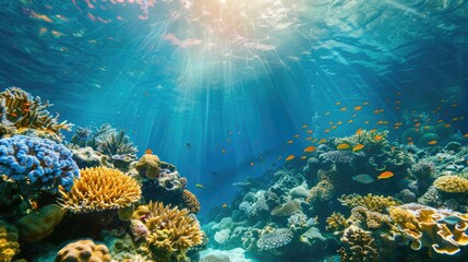 Obraz premium Underwater background of dark blue sea and beautiful sunlight under the sea.