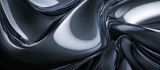 Glossy black fluid abstract background with smooth curves and reflections, featuring dark tones and highlights creating a dynamic texture design.