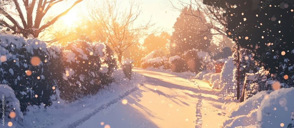 Poster Serene winter landscape with a snowy path illuminated by soft sunlight and delicate falling snow, surrounded by trees and bushes in warm tones.