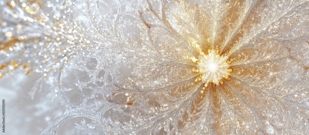 Poster Shimmering gold abstract texture with intricate white snowflake design on a soft light background showcasing modern art elegance and sparkle richness.