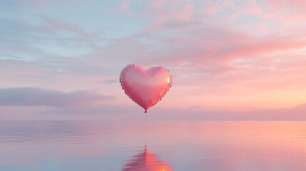 Obraz premium A serene heart-shaped balloon floating above tranquil waters at sunset.