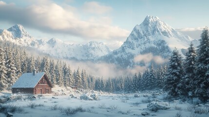 Picturesque Winter Landscape of a Snowy Valley with Mountains