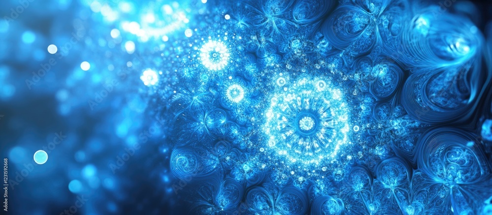 Leinwandbilder Abstract 3D render of intricate patterns with a glowing texture in vibrant blue shades, creating a soothing and mesmerizing background design