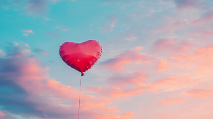 Fototapeta premium A romantic heart-shaped balloon floating in a colorful sky at sunset.