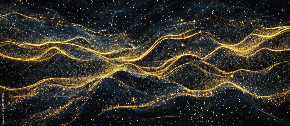 Fototapete Abstract glowing golden waves on a dark background with shimmering particles flowing horizontally creating a sense of elegance and motion.