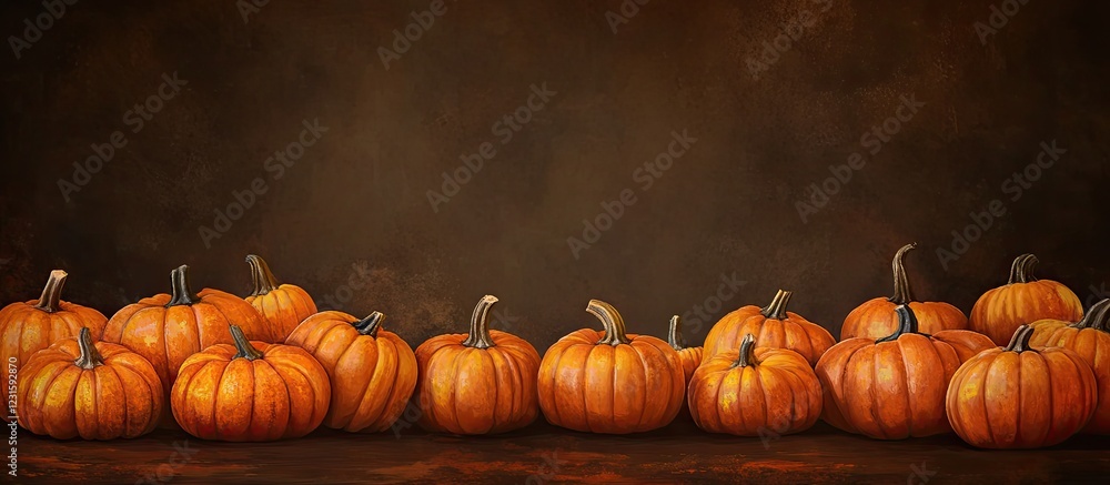 Aufkleber rustic scene featuring a row of vibrant orange pumpkins with green stems against a dark brown backgr