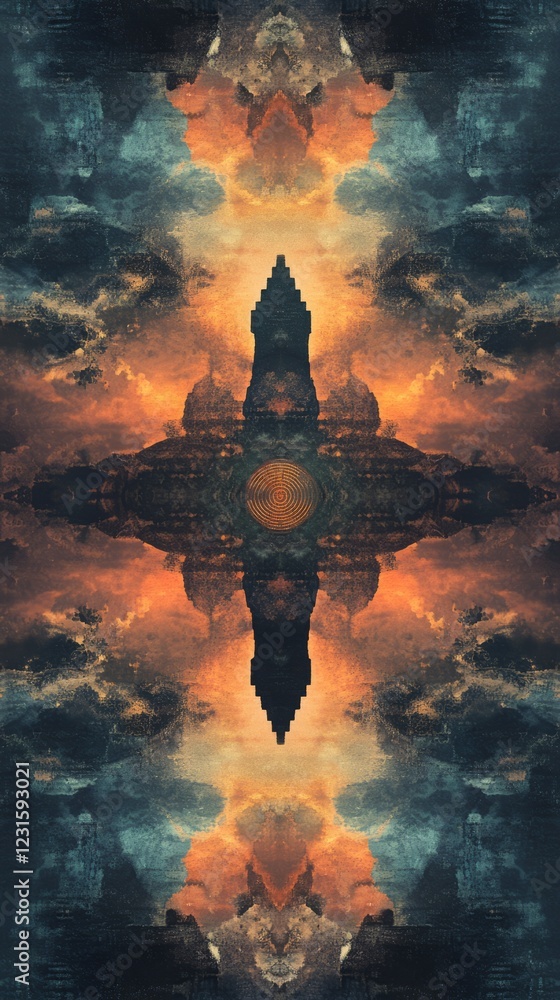 Poster a captivating abstract digital artwork featuring symmetrical designs and vibrant colors, creating a 