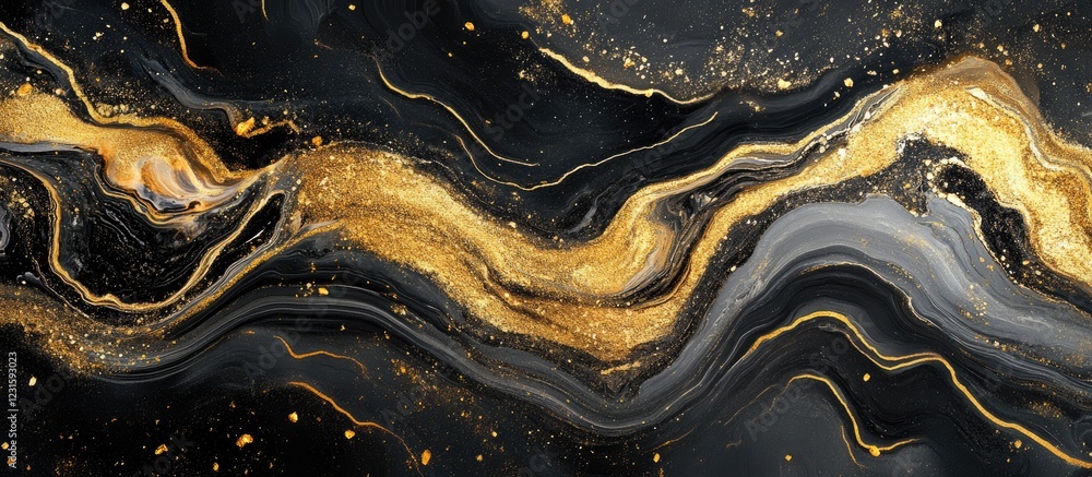 Poster elegant black and gold abstract background with flowing patterns and shimmering gold flecks creating
