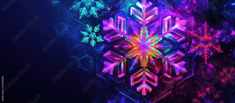 Aufkleber Vibrant neon snowflake design with glowing hues in a hexagonal pattern, featuring blue, pink, and green colors on a dark background.