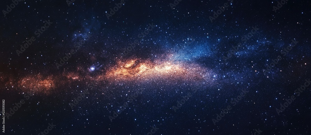 Poster vibrant cosmic landscape featuring a colorful nebula with deep blues and fiery oranges, showcasing t