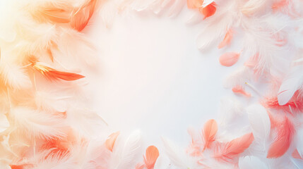 Fototapeta premium Soft pastel pink and white feathers arranged in a circular frame on a light background. Delicate and airy, perfect for spring or wedding themes.