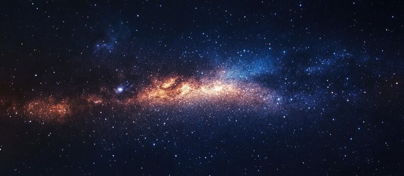 Vibrant cosmic landscape featuring a colorful nebula with deep blues and fiery oranges, showcasing the expanse of the universe filled with stars.