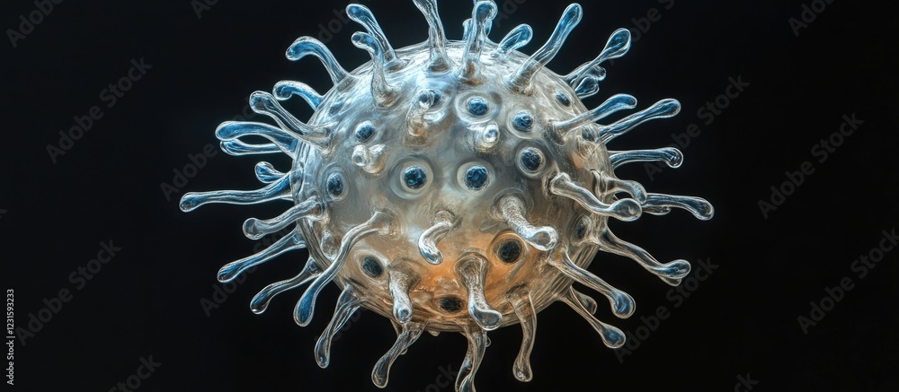 Poster Spherical microorganism with multiple flagella moving dynamically against a dark background detailed with blue and clear translucent elements.