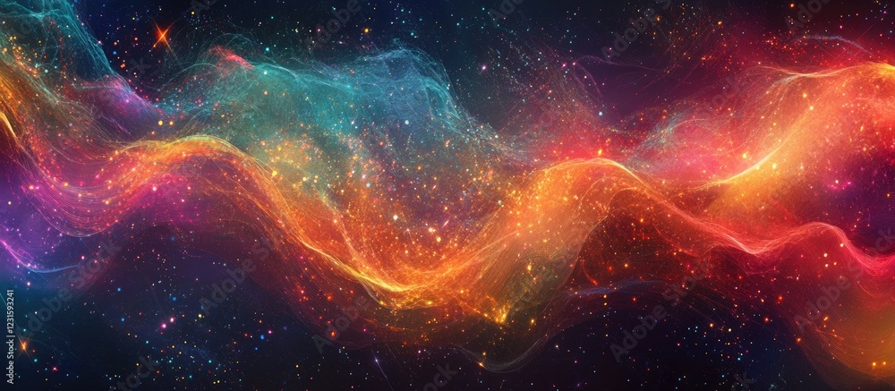 Aufkleber Vibrant digital abstract with colorful glowing wave patterns in shades of blue, orange, and pink flowing across a dark space background.