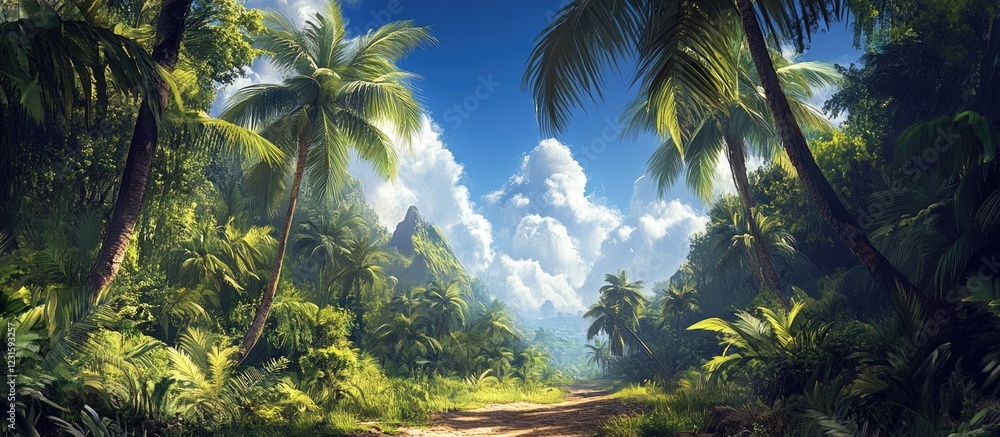 Poster lush green palm trees with vibrant fronds under a bright blue sky and fluffy white clouds create a s