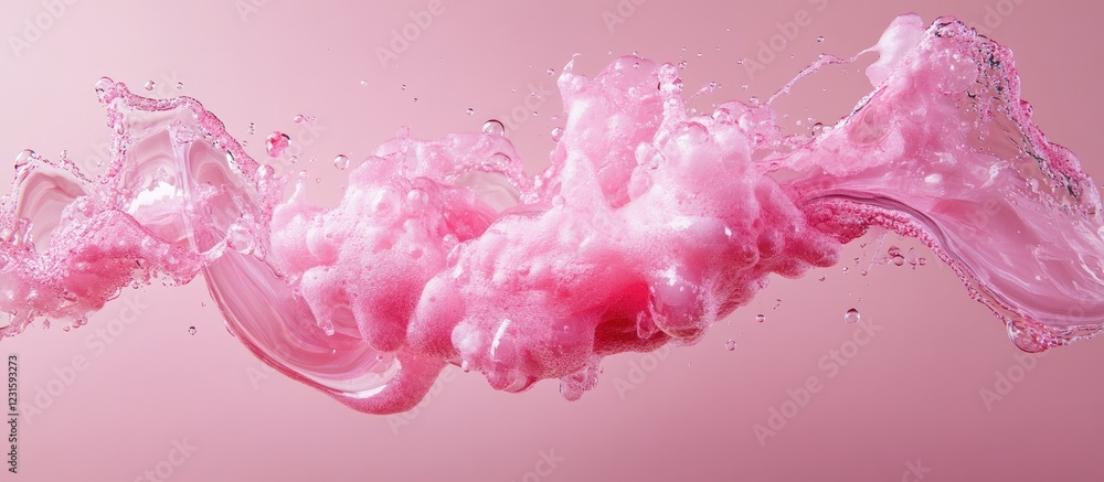 Poster Dynamic pink liquid splash against a soft pink background, creating a smooth flow with bubbles and intricate textures, conveying elegance and fluidity.