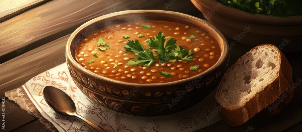 Poster lentil soup garnished with fresh parsley in a dark brown bowl on a wooden table next to a slice of c