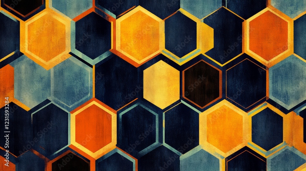 Poster dynamic abstract art featuring hexagonal shapes in striking orange and blue hues, creating a modern 