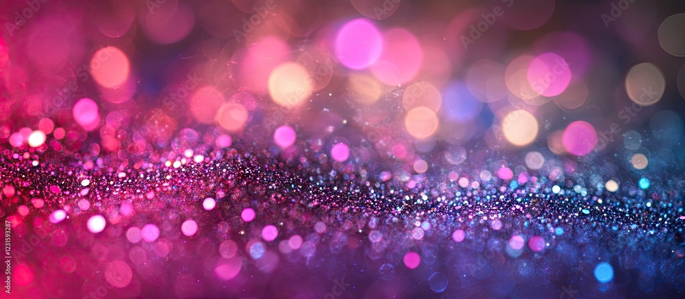 Poster sparkling glitters in soft pink and blue hues create a dreamy bokeh effect against a dark background