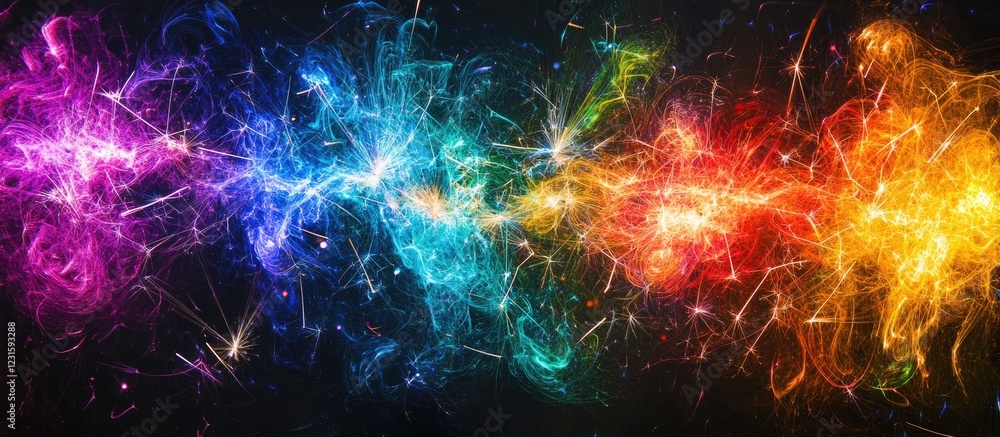 Fototapete Vivid spectrum of glowing colors in dark background displaying swirling patterns of light and energy creating a mesmerizing effect of colored sparks