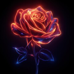 Glowing neon rose with blue leaves on black background.