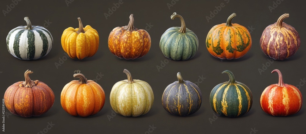 Poster diverse assortment of pumpkins with unique shapes and vibrant colors arranged in two rows on a dark 