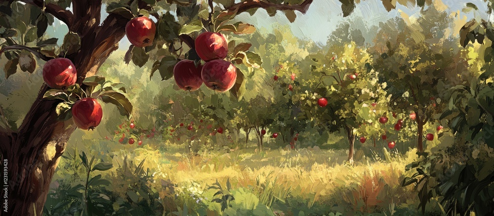 Aufkleber vibrant red apples hang from a sturdy tree in a lush green orchard under soft sunlight with grassy f