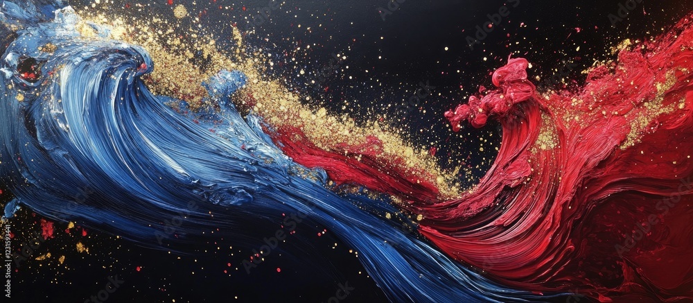 Poster Vibrant red and blue swirling waves with gold sparks on a black background creating a dynamic energy display and artistic expression