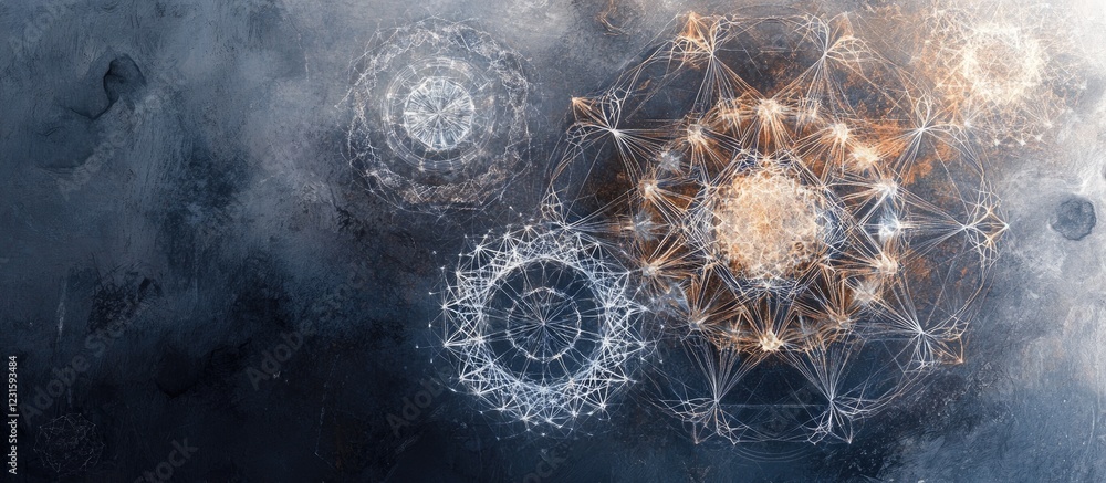 Poster intricate geometric polygons on a dark grey background with illuminated patterns in gold and silver 