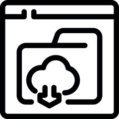 Cloud download, folder with files downloading from cloud storage to computer via web browser, simple black and white vector icon
