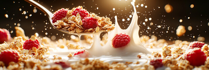 Muesli with fresh raspberries and milk splash, banner