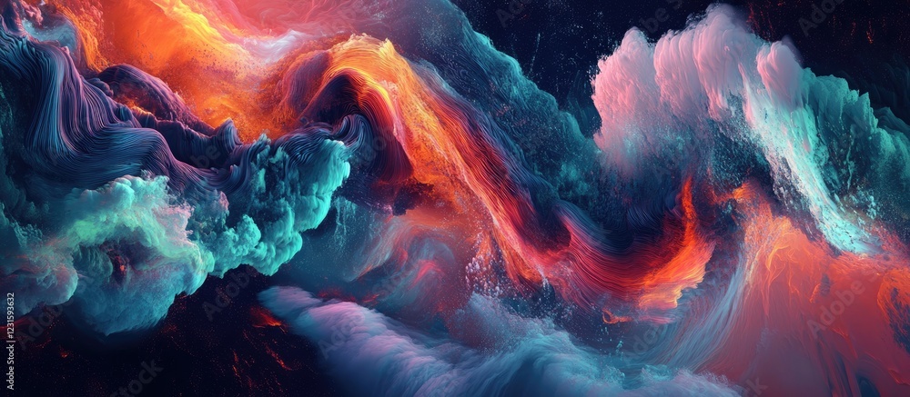 Poster vibrant abstract waves of red, blue, and teal swirling harmoniously against a dark background, creat