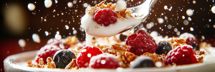 Bowl of granola with yogurt and fresh berries falling on it