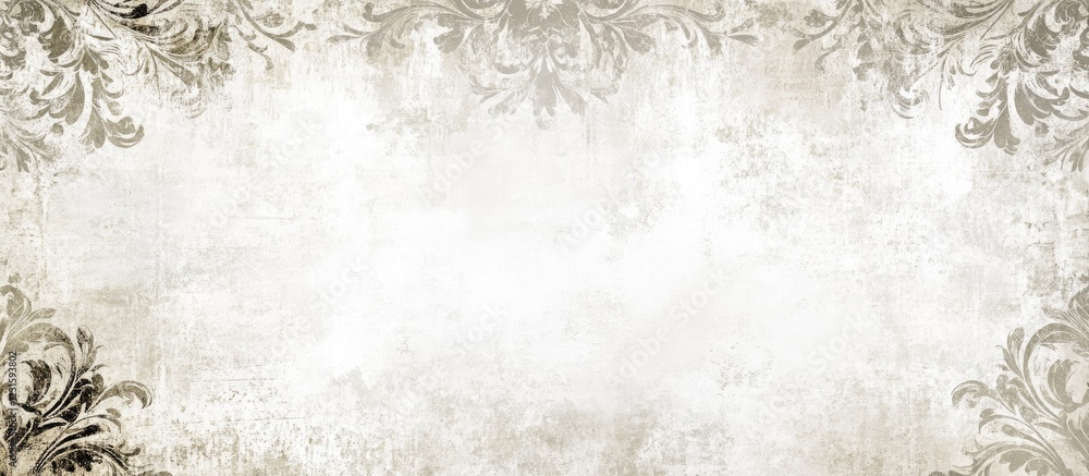 Poster vintage textured background with ornate dark gray flourishes on the top and bottom edges, featuring 