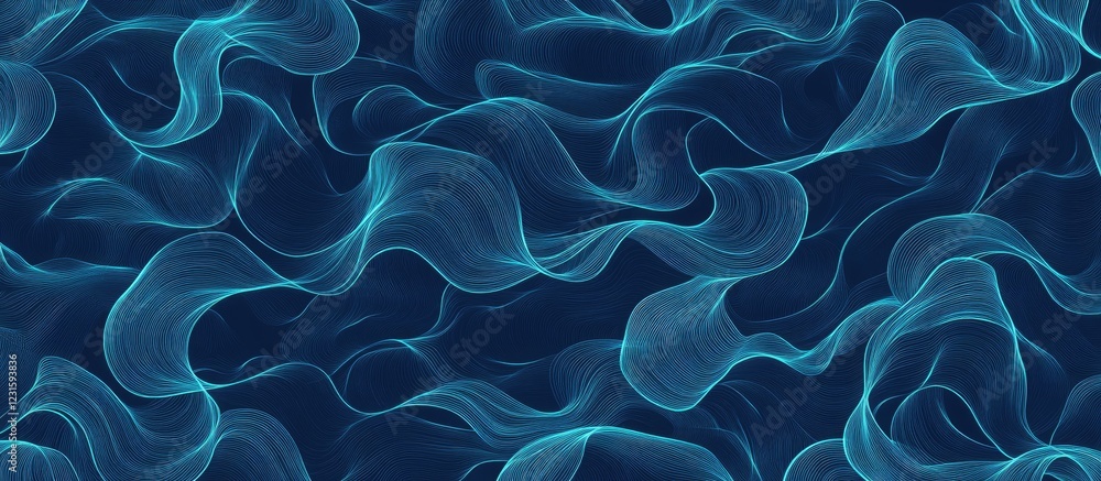 Aufkleber Luminous light blue lines create a captivating seamless pattern against a dark blue backdrop with fluid wave-like movement and depth.