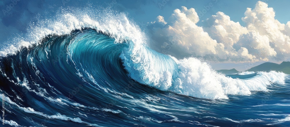 Aufkleber Aerial view of a vibrant blue ocean wave crashing with white foam against a backdrop of fluffy clouds and distant mountains under a sunny sky