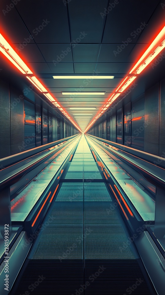 Poster this captivating image showcases a futuristic hallway illuminated by vibrant neon lights, creating a